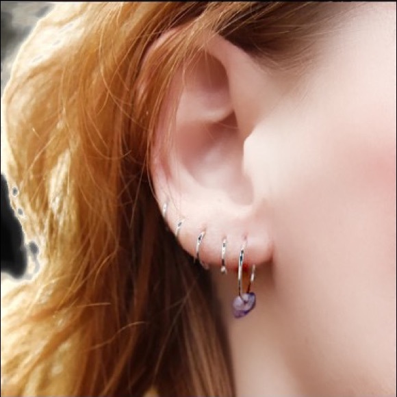 Genuine/Natural Amethyst Gemstone Hoop Earrings - Picture 2 of 8